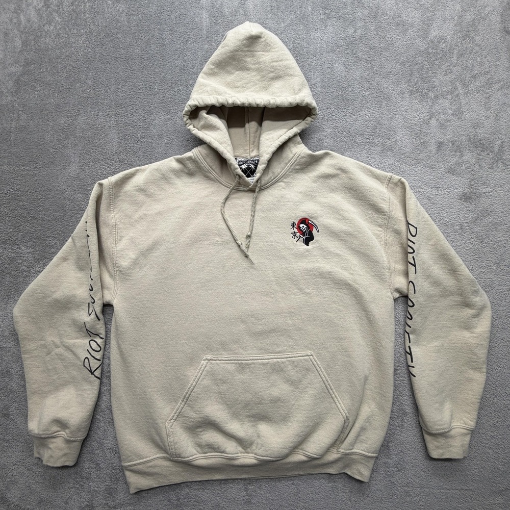 Riot Society Hoodie Mens Large Beige Fleece Sweatshirt Grim Reaper Skull Graphic